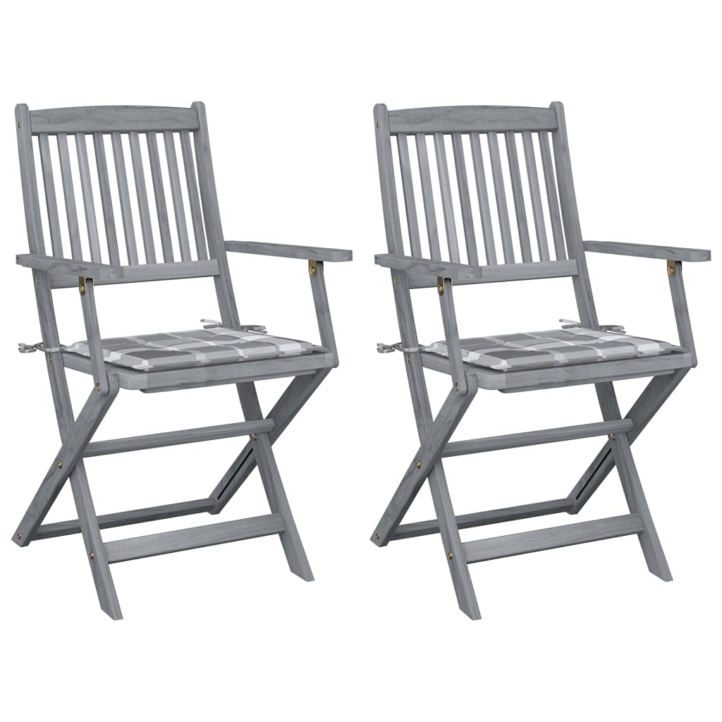 Chaises de jardin pliantes en acacia lot de 2 avec coussins gris pour repas en plein air