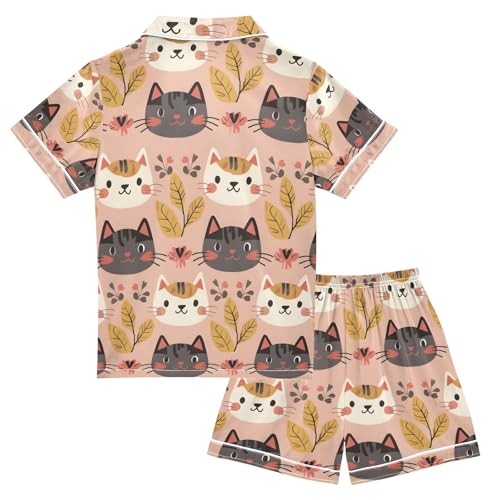 ALAZA Cat Leaves Pajamas Satin Pajama Set Short Sleeve Button Down Sleepwear2