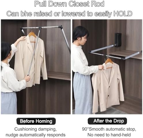 Clothes Rod for Closet Pull Down, Adjustable Wardrobe Hanger Lift, Vertical Space Saver Organizer Hardware