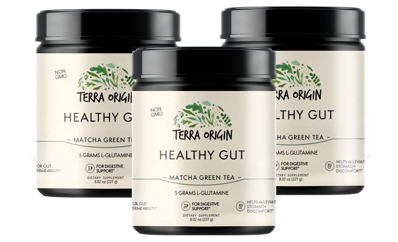 Healthy Gut Matcha Green Tea | 3-Pack, 90-Servings (Three, 30-Serving Tubs) with L-Glutamine, Zinc, Glucosamine, Slippery Elm Bark and More!