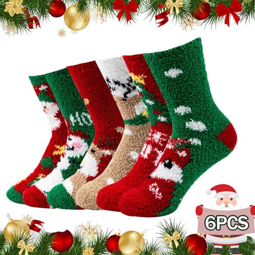 Jikekiroto Calcetines Navidad - 6 Pares de Lana Coral Navideños para Mujer, Cálidos y Mullidos - Gran Regalo para Familiares y Amigos