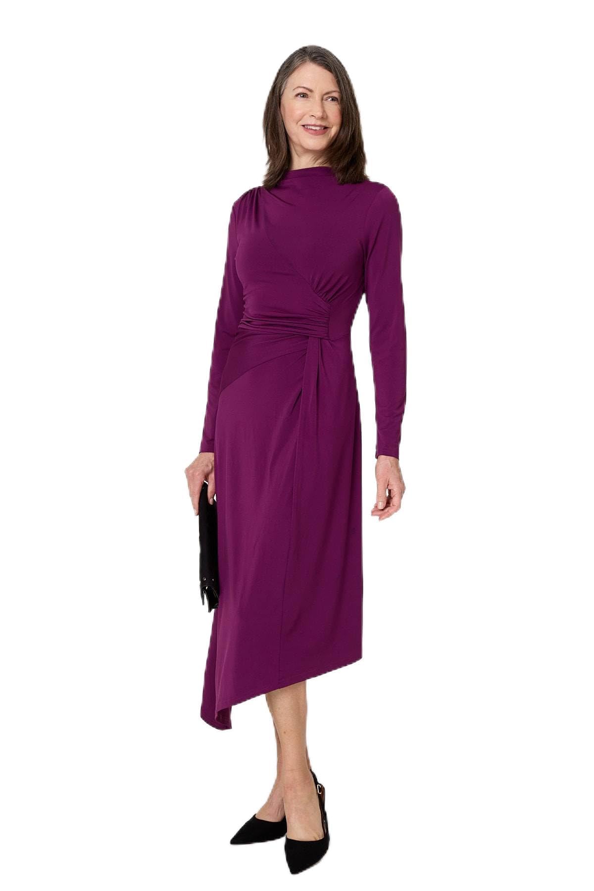 Izabel London Women's Asymmetric Twist Long Sleeve Midi Dress in Purple | Size: 10