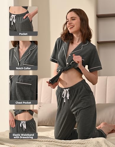 Image of NAP BOUND 100% Cotton Women's Pajama Sets Short Sleeve Button Down Soft Pjs 2 Piece Lounge Set with Pocket Nightwear XS-XXL