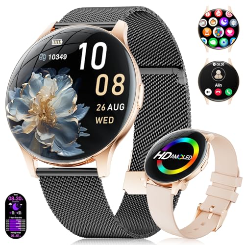 Reloj Inteligente Mujer 2025 7.99 mm Ultra Delgado Elegante Fitness Watch con 1,43'' HD AMOLED Pantalla, Llamadas/IP68 Impermeable, 100+ Modos de Deporte, Salud de la Mujer para iOS Android, Oro Negro