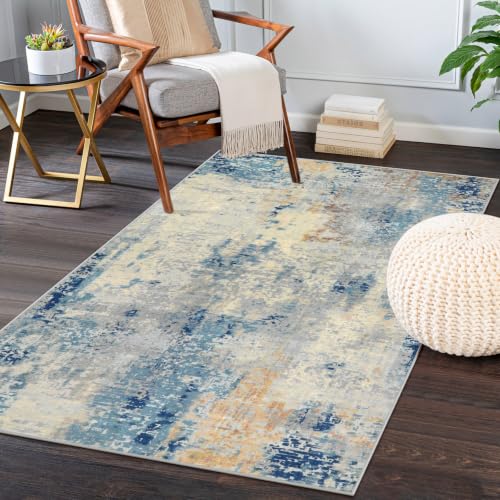 Lahome Modern Abstract Area Rug 3x5, Washable Bedroom Rug Soft Throw Entry Mat Contemporary Faux Wool Non-Slip Stain Resistant Carpet for Living Room Kitchen Bath Office, Blue/Yellow/Ivory