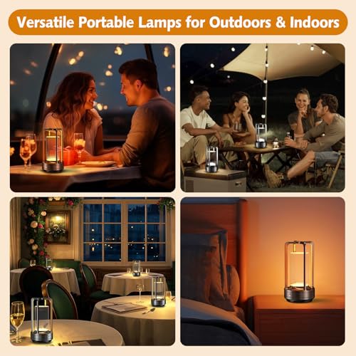 Image of Portable Table Lamp for Outdoor Indoor: Cordless Rechargeable Desk Lamp with 3 Color Stepless Dimmable - Metal Battery Operated Lantern Light for Bedroom /Bar /Coffee Shop /Camping (Graphite)