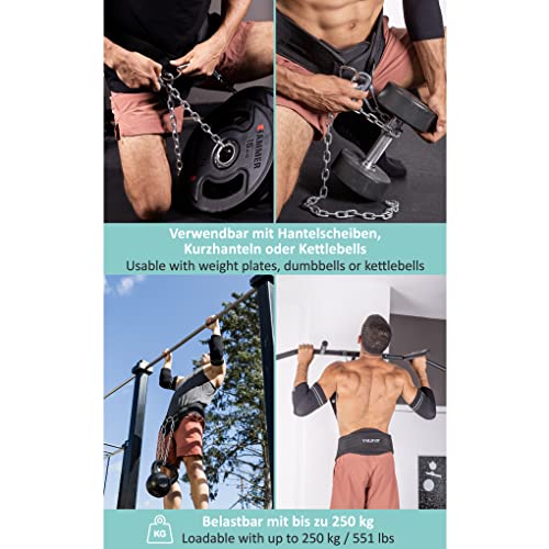 Pullup & Dip Belt With Chain And 3X Carabiner, Dip Belt Incl. Neoprene Flaps As Clothing Protection, Weightlifting Belt, Weighted Belt, Pull-Up Belt For Calisthenics, Weight Training, Bodybuilding #TOP5
