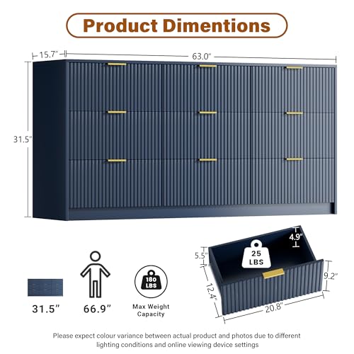 Image of Furniway Blue Dresser for Bedroom, Modern Dresser with 9 Drawers and Smooth Slides, Wide Chest of Drawers with Golden Handles for Bedroom, Living Room, Closet, 15.7 inch D x 63 inch W x 31.5 inch H