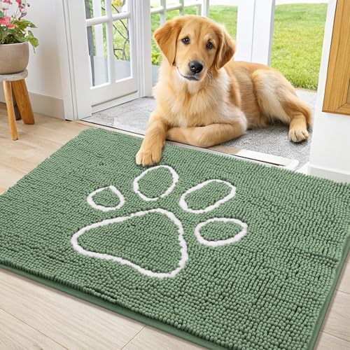 Image of Smiry Dog Door Mat for Muddy Paws, Absorbent Dirt Trapper Non Slip Quick Dry Washable Chenille Mat for Mud Dogs, Entry Rug for Indoor and Outdoor (36x24 Inches, Olive Green and White)