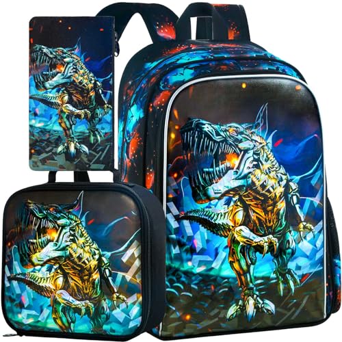 Image of 3PCS Dinosaur Backpack for Boys, 16 Inch Kids Water Resistant Preschool Elementary Kindergarten Bookbags and Lunch Box | Kids