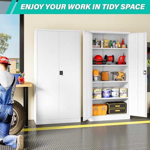 Image of SISESOL Wide & Deep Metal Storage Storage Cabinet with Adjustable Shelves,White Metal Cabinet with Lock,Steel Pantry Cabinets,72 inch Lockable Cabinets for Home,Office,Garage,Kitchen,Shop