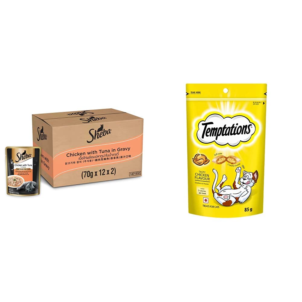 Sheba Rich Premium Adult (+1 Year) Fine Wet Cat Food, Chicken with Tuna in Gravy - 70 g (Pack of 24) & Cat Treat, Tasty Chicken Flavour - 85 g (B09RWTGNQM) Amazon Price History, Amazon Price Tracker