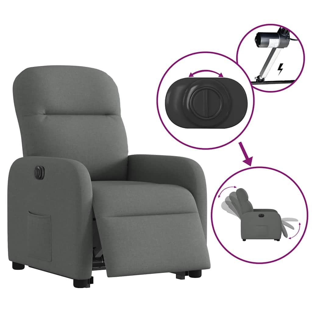 Sillón elevador reclinable eléctrico gris oscuro tejido con motor para elevación e inclinación 135 grados, estructura estable y bolsillo lateral, asiento acolchado