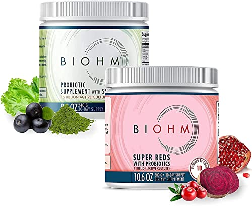 BIOHM Dr. Formulated Super Greens and Super Reds Superfood Powder with Probiotics and Digestive Enzymes - Packed with Antioxidants and Polyphenols, Allergen Free, Non-GMO, Vegan - 30 Servings Each