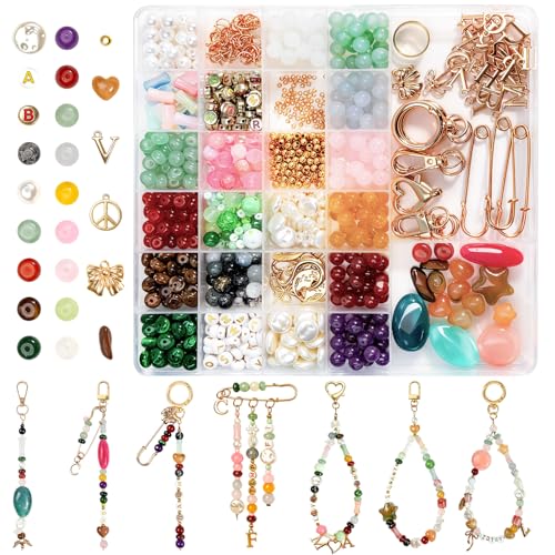 Kasmena 750+PCS Beaded Keychain Making Kit Cute Bag Charm Kit with Glass Bead Acrylic Heart Star Flower Letter Alphabet DIY Supplies Crafts Accessoriess for Women Girls