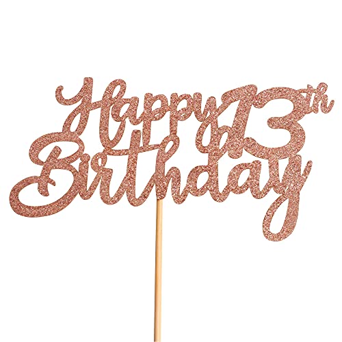 Image of Festiko Rose Gold Glitter 13th Happy Birthday Cake Topper Boys Girls Food Picks for Celebrating Thirteen Years Old Birthday Anniversary Party Decorations Supply