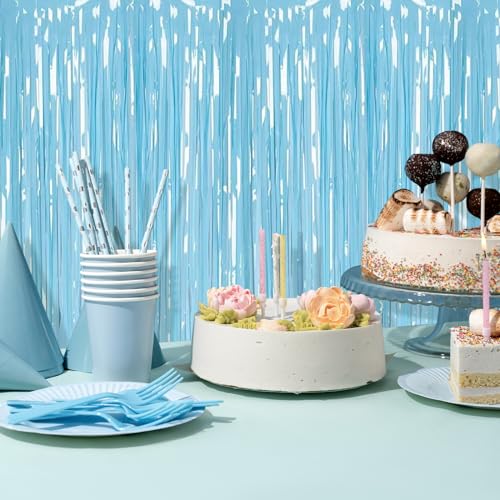 Image of 5 Pack Blue Foil Curtain Backdrop 3.2ft x 8.2ft Tinsel Foil Fringe Curtains Macaron Photo Booth Streamer Backdrop for Party Decorations Birthday Baby Shower Bachelorette Holiday Decor (Pastel Blue)