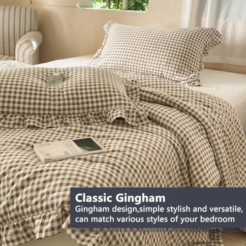 Image of NSNLGSGC Tan Ruffle Gingham Comforter Set King, Pre-Washed Ruffled Taupe Plaid Checked Comforter Bedding, 3 Pieces Vintage Farmhouse Grid Bedding Set(Tan Gingham, King)
