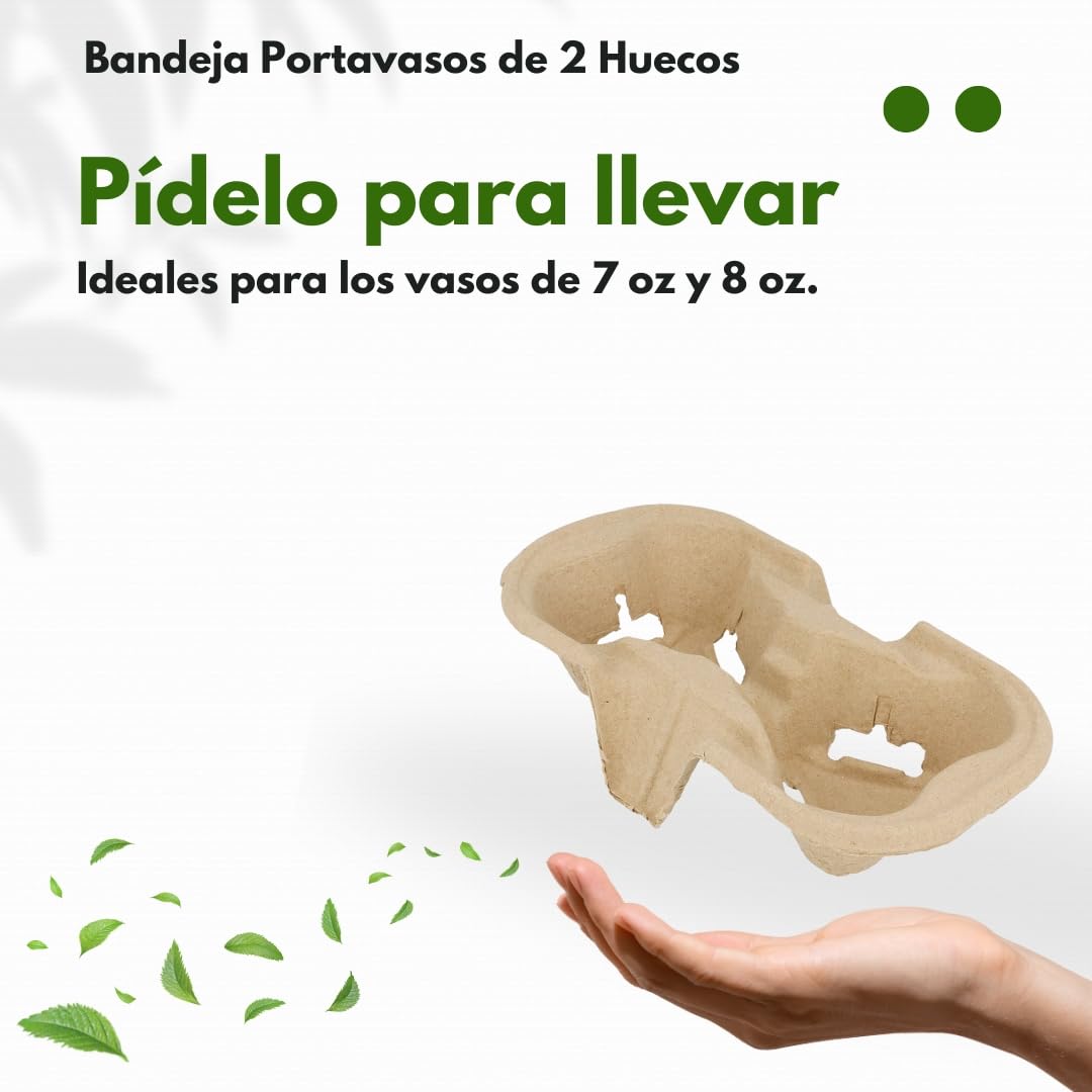 Bandeja Portavasos Biodegradable de 2 Huecos, Fibra de Papel Reciclado, Compatible con Vasos 7-8 oz, 240 Bandejas