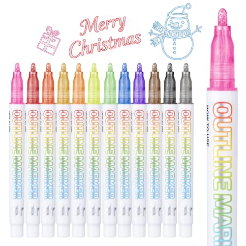 OLINGYOU Outline Marker, 12 Outline Pens Metallic Colored, Arts Crafts Supplies. Glitter Markers For Easter Basket Stuffers
