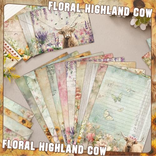 Image of TaoBary 160 Pcs Floral Highland Cow Stationery Paper and Envelopes Set