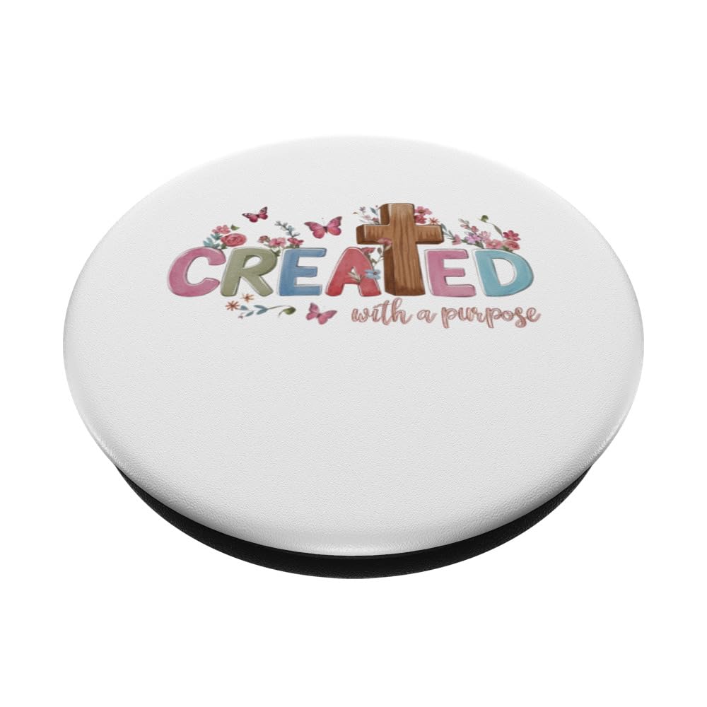 Created with Purpose! Cross, Jesus, Happy Christian Woman PopSockets Swappable PopGrip, Black - Image 2