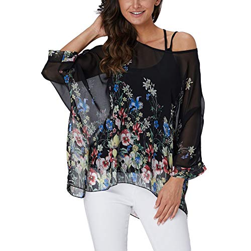 Image of Ckikiou Plus Size Batwing Flowy Semi Sheer Chiffon Blouse Tunic for Women Summer Floral Print Boho Beach Cover ups