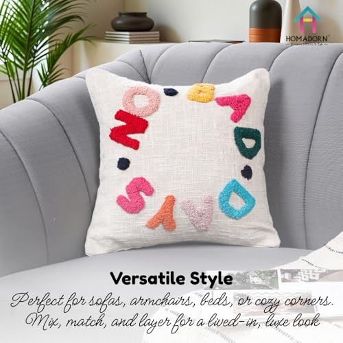Image of HOMADORN 100% Cotton Hand Tufted Cushion Cover | Text Pattern Decorative Pillow Case | Boho Sofa Cushion Cover for Living Room | Soft & Durable | (16x16 Inches) (2, NO Bad Days Multicolor)