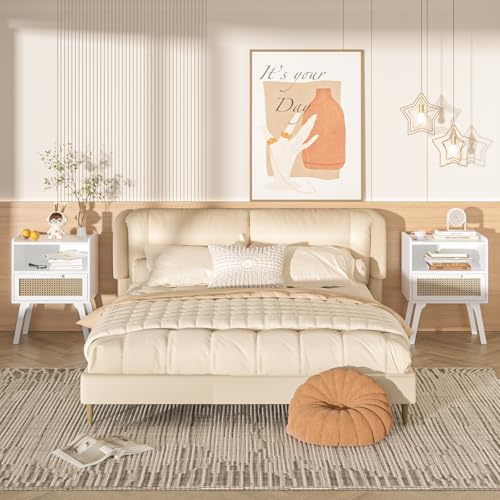 Image of Lerliuo Rattan Nightstand, Bedside Table with Drawer Open Shelf | Cane Accent Side End Table with Solid Wood Legs, White Mid Century Night Stand for Bedroom, Dorm and Small Spaces
