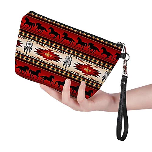 GIFTPUZZ Red Makeup Bag Aztec Horse Design Indian Native Costmetic Bag Train Case Pouch Purse Cosmetics Organizer for Women Brushes Toiletry Jewelry Digital Accessories