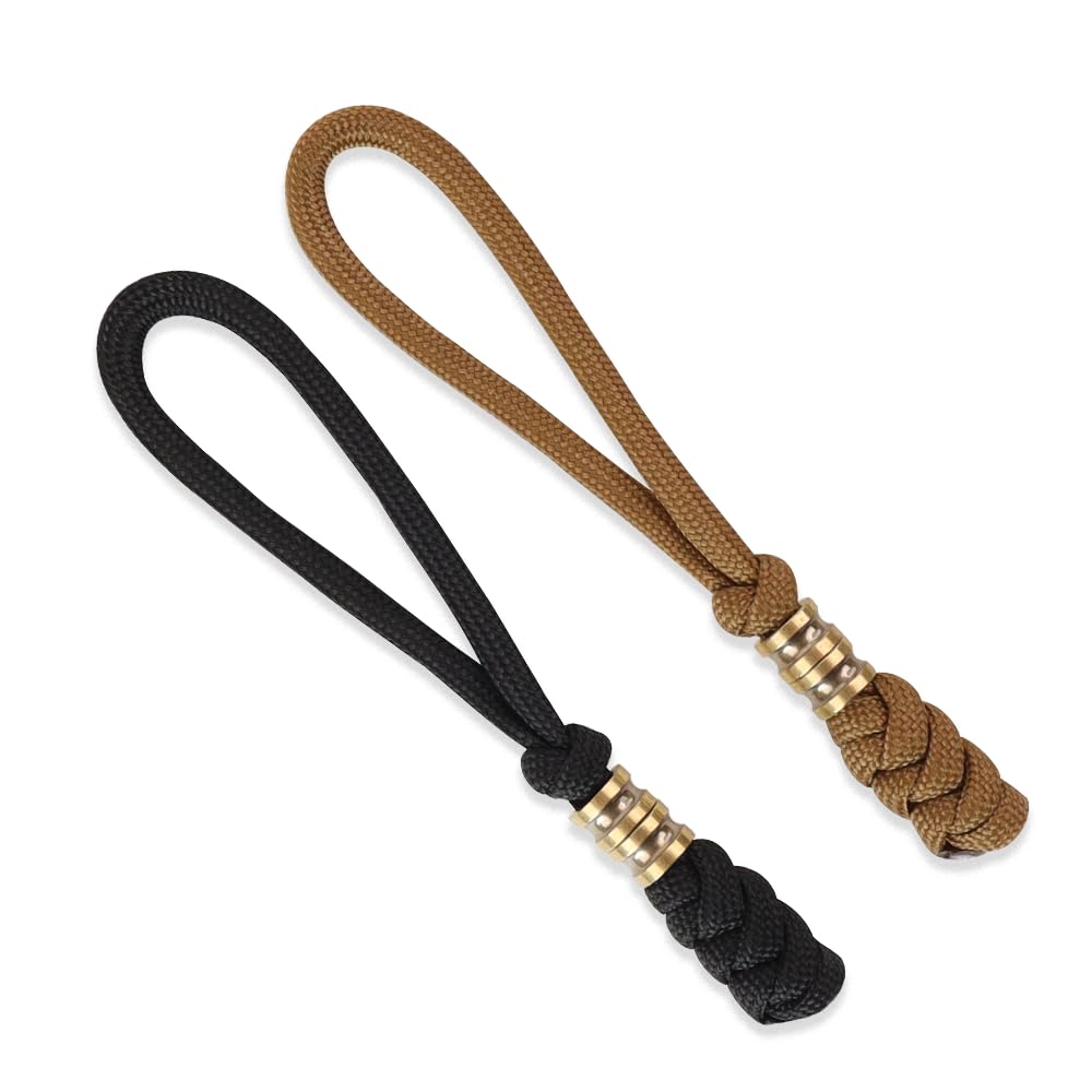 Anjiucc 2 Packs Paracord Knife Lanyard with Brass Beads Lanyards for Knife EDC Tools Keychains Backpack Lanyards Cord Zipper Paracord Pull Tab(Black+Brown)