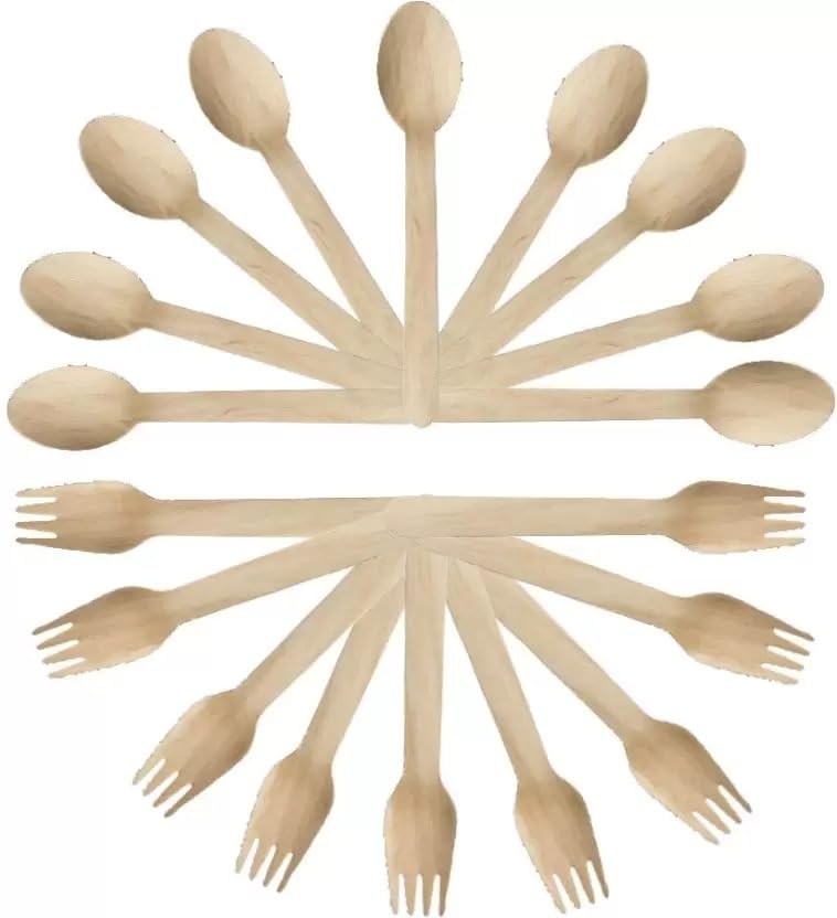 Swastha Hygiene | Disposable Wooden, Birchwood, BBQ, Tableware, Great for Parties, Picnics and Events (140 MM, Pack of 100 (50 Spoons and 50 Forks) 4