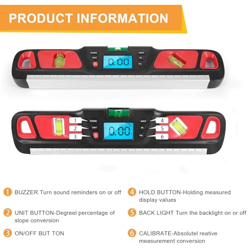 POENVFPO Digitale Wasserwaage, LCD-Display, Multifunktionale Elektronische Wasserwaage und Winkelmesser für Winkel und Neigungen, Hausrenovierung, Tischlerprojekte (Rot)