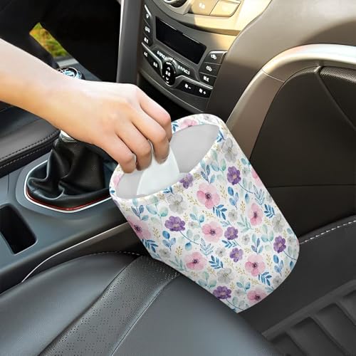 Image of Purple Cute Floral Hanging Portable Car Trash Can Cute Waste Basket Car Accessories Interior Collapsible Garbage Bag Small Trash Can