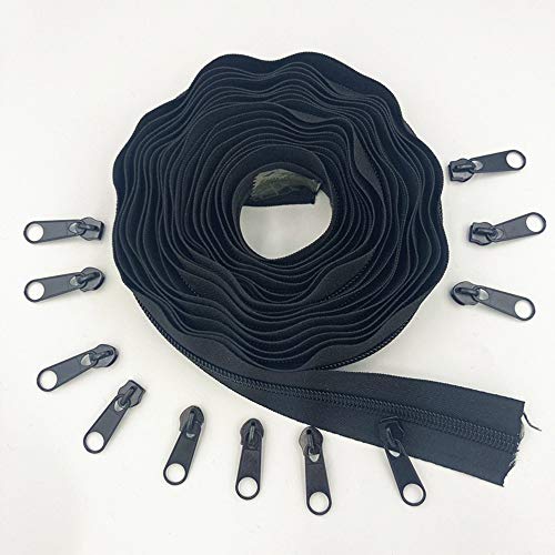 10Yards Bulk Zippers #5 Nylon Coil Zippers by The Yard with 20pcs Zipper Sliders Pulls for Sewing Crafts Bages (Black)