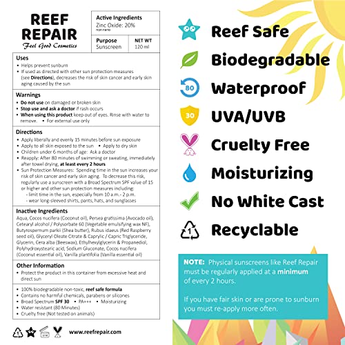 Reef Safe Sunscreen Spf 30+ All Natural, Water Resistant, Moisturizing, Biodegradable, Broad Spectrum Uva/Uvb Coral Friendly Mineral Suncream From Reef Repair 4 Fl. Oz #TOP1
