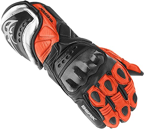 0,6-0,8 mm premium in pelle di capra completa Protezione delle nocche in carbonio duro protezione su dita e polso Clarino sul palmo per anti-abrasione e presa extra Plastica dura lavorata sul palmo della mano polsini con Velcro Dito precurvo per il massimo comfort NORMA EN 13594:2015