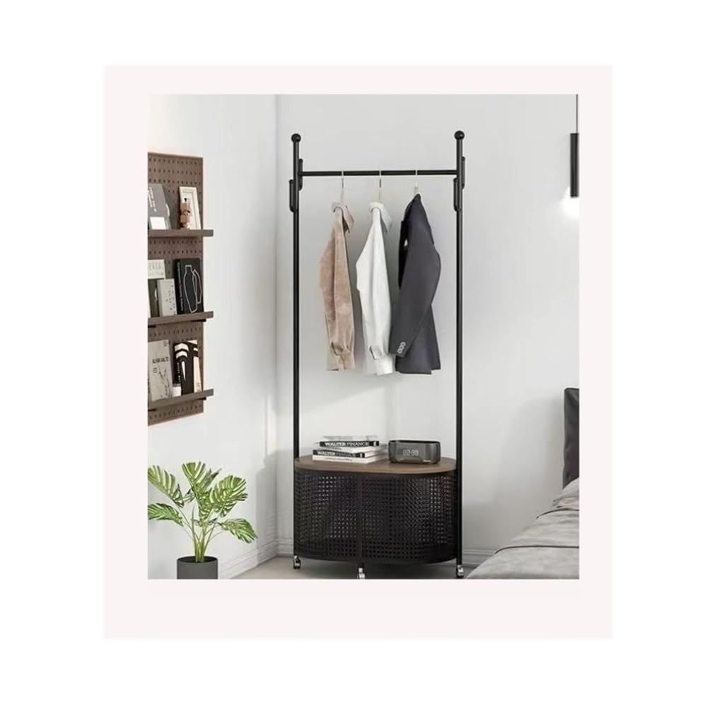 Standing coat and hat rack Vintage Style Freestanding Garment Rack with Removable Wicker Laundry Basket - Bedroom Clothes