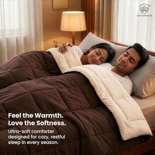 Image of MY ARMOR 220 GSM Reversible Comforter for Double Bed | Microfiber Quilt /Duvet /Blanket for AC & Winter | Soft, Lightweight & Breathable Comforter (90 x 100 Inch, Brown & Cream)