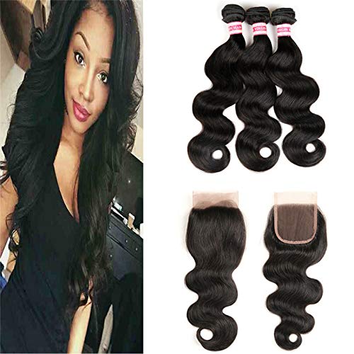 Fabeauty Body Wave Peruvian Human Hair 3 Bundles with Closure 100% 7a Unprocessed Virgin Peruvian Hair Body Wave with Closure Human Hair Extensions Bundles with 3 Part Closure(44) (12 14 16+12)