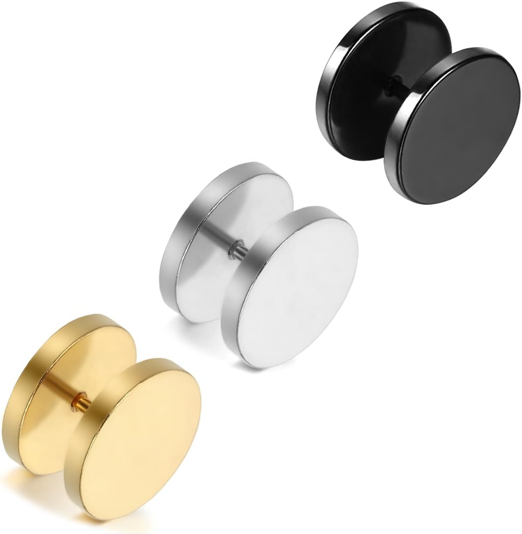 Cupimatch 3Pairs 3mm-12mm Screw Stud Earrings Mens Stainless Steel Cheater Fake Ear Plugs Gauges Illusion Tunnel, Black/Silver/Gold - Image 4