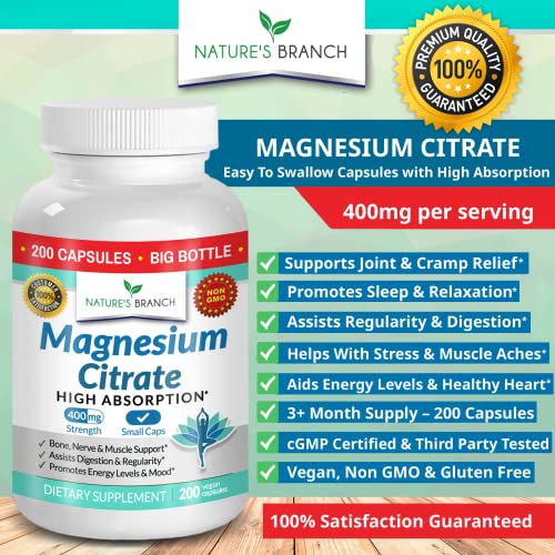 Magnesium Citrate 400Mg - 200 Capsules - High Potency For Sleep, Leg Cramps, Extra Strength Absorption, Easy To Swallow Pills For Women & Men, Vegan Supplement Not Tablets - Made In Usa #TOP3
