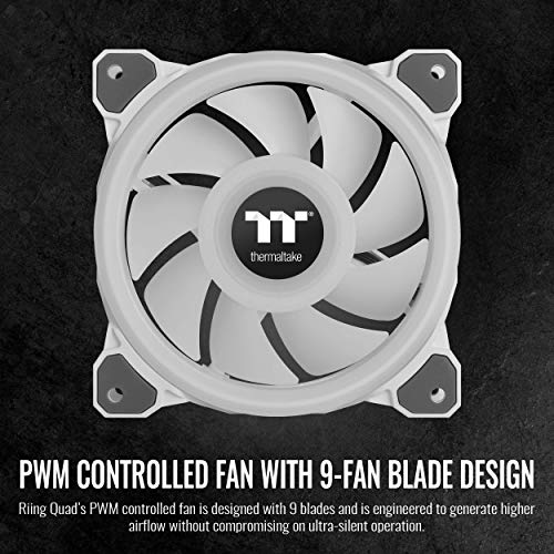 Image of Thermaltake Riing Quad 120mm 16.8 Million RGB (Alexa /Razer Chroma) Software Enabled, 4 Light Rings 54 LED, 9 Blades Hydraulic Bearing, White Case /Rad Fan (NO Controller), Single Pack, CL-F100-PL12SW-C