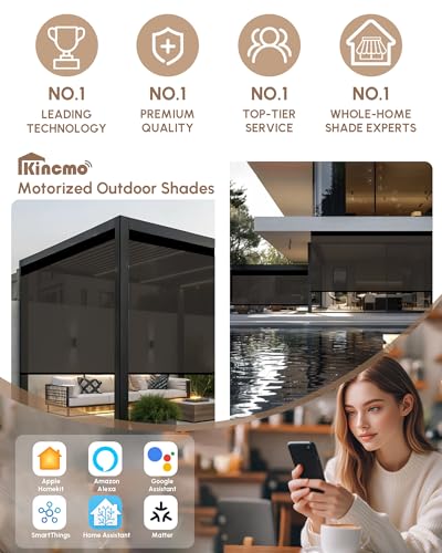 Image of Kincmo Motorized Outdoor Shades for Patio Porch, Custom Outdoor Motorized Blinds with Remote, Waterproof & Windproof Patio Shades Work with Apple Home,Alexa,Google (Brown-3% Openness)