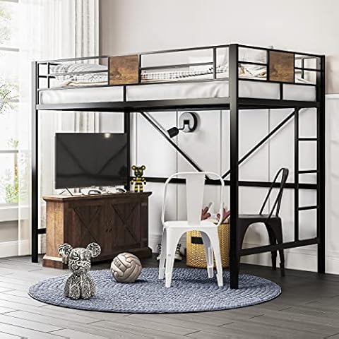 SHA CERLIN Metal Twin Loft Bed Frame with Stairs & Full-Length Guardrail, Space-Saving, Juniors and Adults, Noise Free, Black Cover