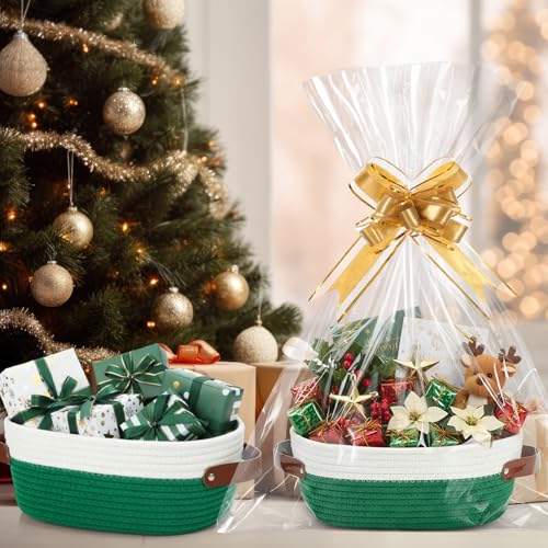 Image of Colingmill 3 Pack Easter Small Woven Basket for Gifts with Handles Clear Bags and Ribbons Empty Storage Basket Decorative Chest Box for Easter Wedding Present(White and Green,12 inchx 8 inchx 5 inch)