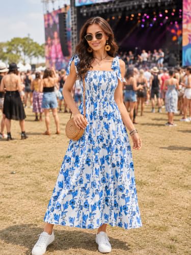 Image of BROVAVE Women Summer Floral Dress: Casual Square Neck Flowy Boho Beach Midi Sundress Sleeveless Tie Shoulder Vacation Daily