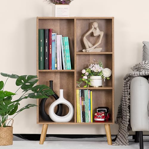 LEYAOYAO 5 Cube Small Bookshelf,3 Tier Mid-Century Bookcase with Legs,Wood Kids Bookshelves Storage Organizer Shelf,Free Standing Narrow Book Shelves,Oak Grey Corner Bookcases for Bedroom,Living Room