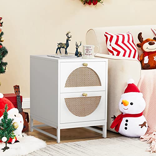 Lamerge Rattan Nightstand Set of 2, Wooden End Table, Modern Side Table with 2 Storage Drawer, Accent Table for Living Room, Bedroom and Small Spaces, White