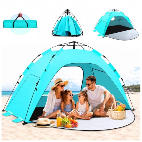 WARMTUYO Quick Up Strandmuschel, 3 Sekunde Automatisches Pop Up Strandzelt für Familie, Kein Aufbau Nötig, UV-Schutz 50+, mit 3 Erweiterbarer Veranda, Windschutz für Strand, Garten, Camping-Hellgrün